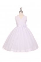 White Sleeveless Tulle V-Neck Flower Girl Dress